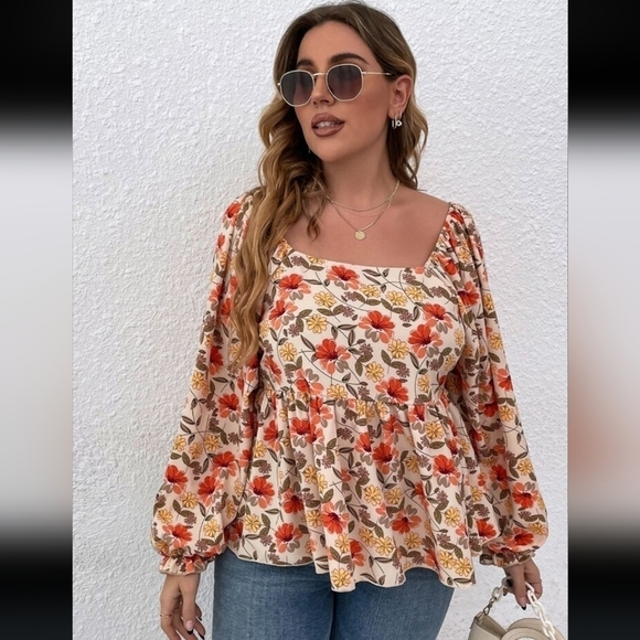 2/$20 SHEIN Curve Plus Floral Print Lantern Sleeve Peplum Hem Blouse Size 1X - Picture 1 of 12